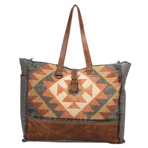 Myra Bag Handmade Cosmopolitan Weekender Bag Upcycled Canvas & Cowhide Leather